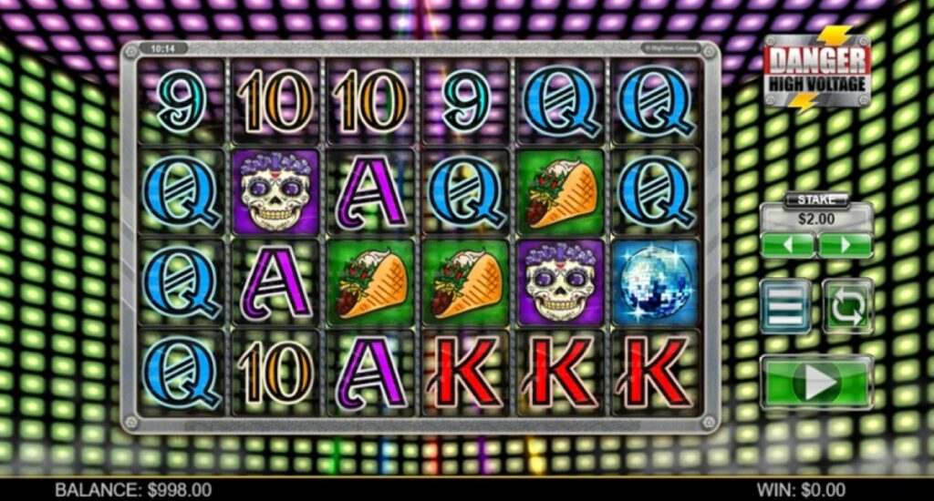 A colorful slot machine displaying various symbols, including fruits, numbers, and lucky icons, inviting players to try their luck.