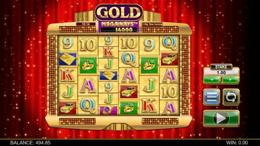 A close-up view of a gold casino slot machine, showcasing its shiny exterior and vibrant symbols on the reels.