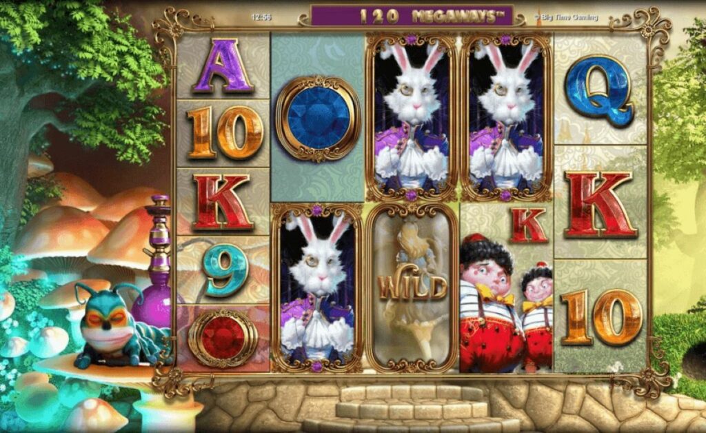 A vibrant Alice in Wonderland-themed slot machine featuring whimsical characters and colorful graphics.