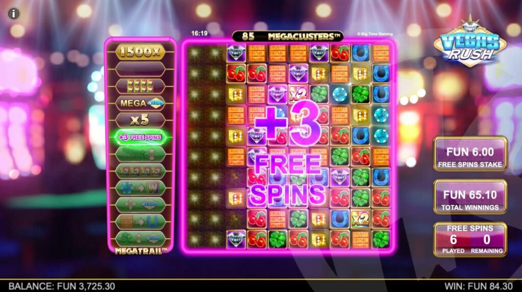 A slot machine screen displaying vibrant graphics indicating the activation of the free spins bonus feature.