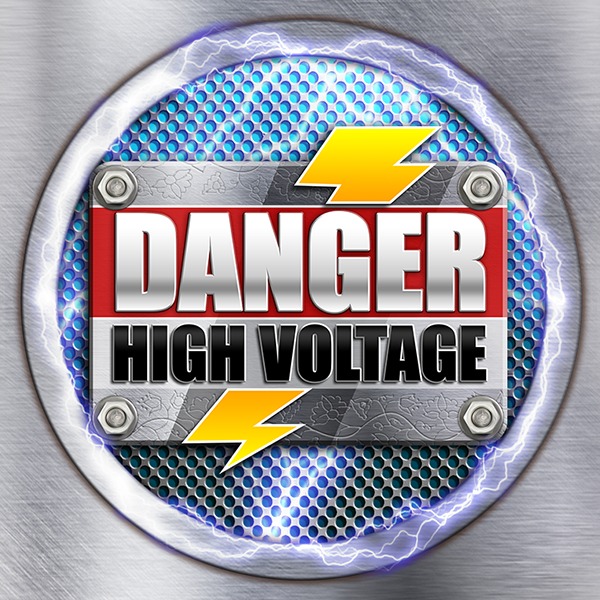 High voltage warning logo displayed on a textured metal background, indicating potential electrical hazards.