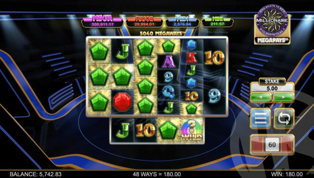 A colorful slot machine displaying various symbols, including fruits, numbers, and lucky icons, inviting players to spin.